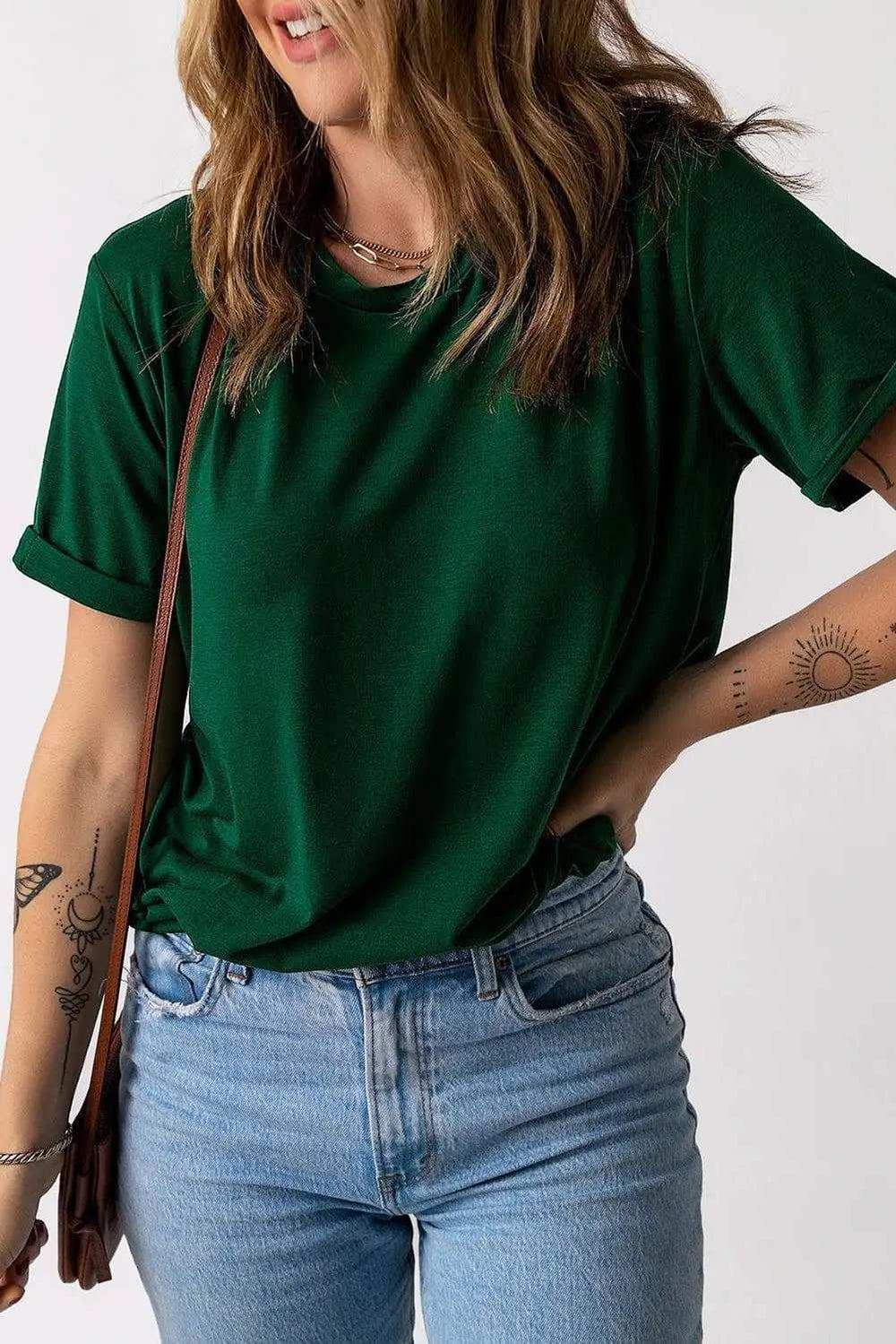 Round Neck Cuffed Short Sleeve Tee - Trendsi - Flyclothing LLC