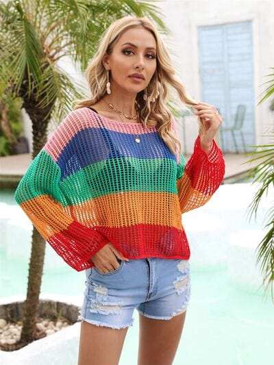 Color Block Openwork Boat Neck Cover Up - Trendsi - Flyclothing LLC