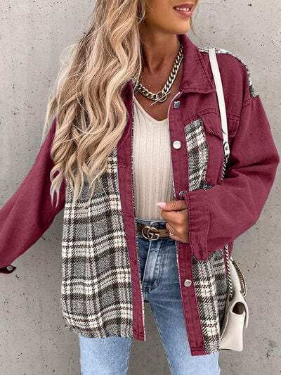 Plaid Button Up Dropped Shoulder Jacket - Trendsi - Flyclothing LLC