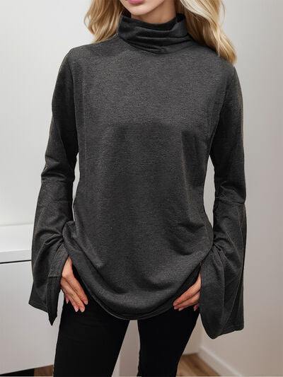 Flare Sleeve Mock Neck Slit T-Shirt - Trendsi