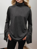 Flare Sleeve Mock Neck Slit T-Shirt - Trendsi