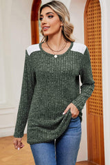 Eyelet Ribbed Round Neck Long Sleeve T-Shirt - Trendsi - Flyclothing LLC