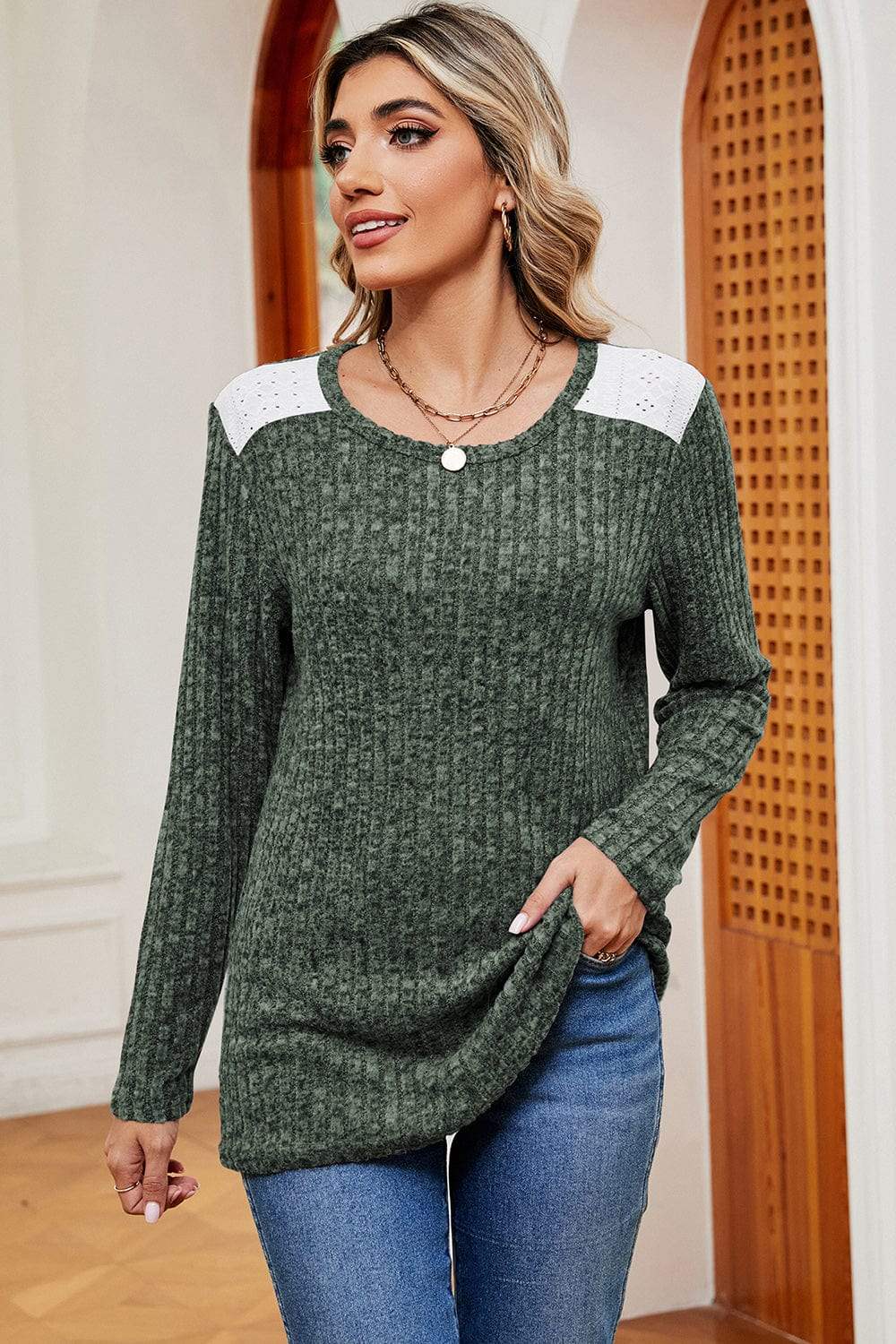 Eyelet Ribbed Round Neck Long Sleeve T-Shirt - Trendsi - Flyclothing LLC