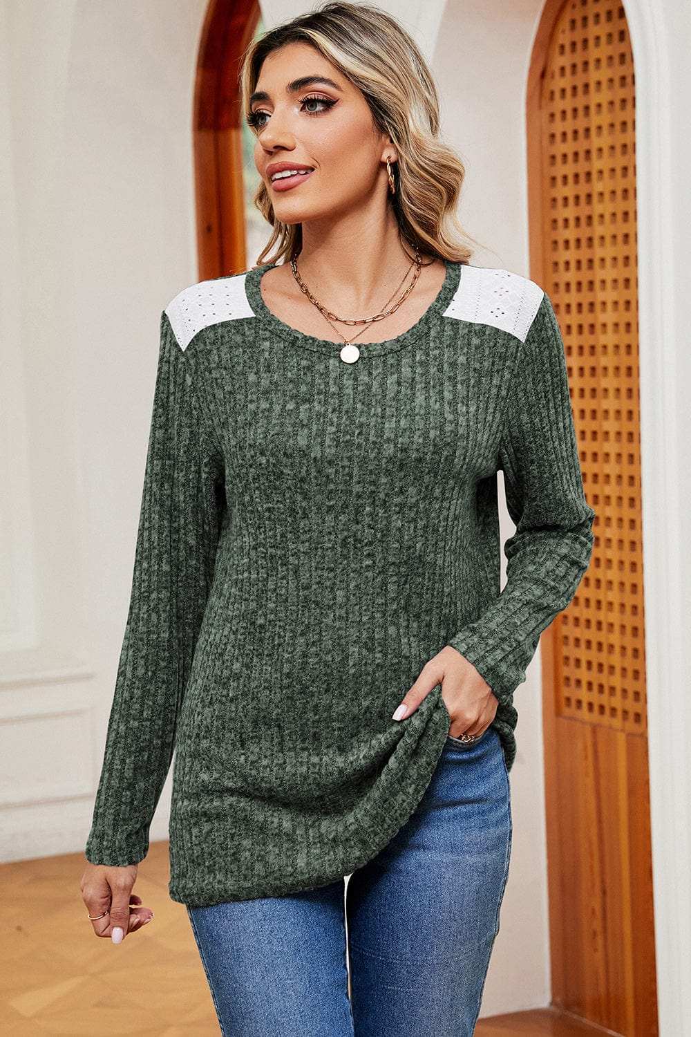 Eyelet Ribbed Round Neck Long Sleeve T-Shirt - Trendsi - Flyclothing LLC