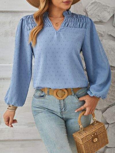 Ruched Swiss Dot Notched Balloon Sleeve T-Shirt - Trendsi - Flyclothing LLC