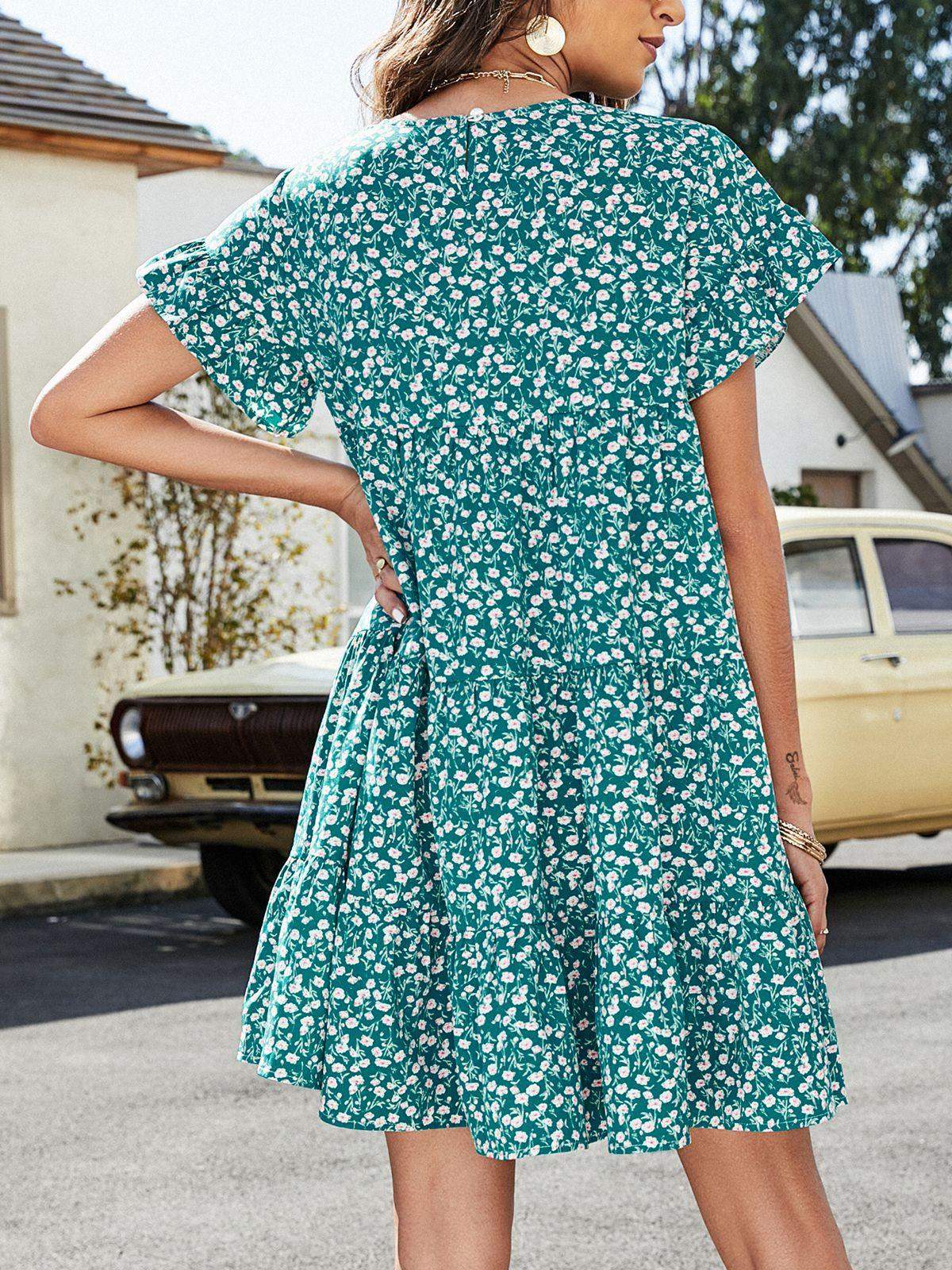 Leopard Short Flounce Sleeve Tiered Dress - Trendsi - Flyclothing LLC