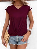 Spliced Lace V-Neck Twisted Hem Tee - Trendsi - Flyclothing LLC