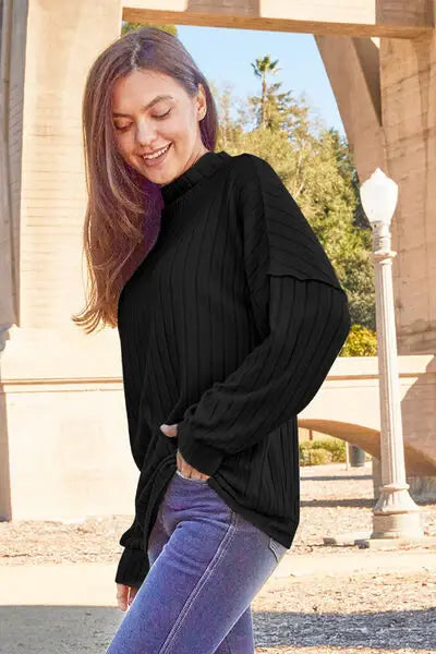Basic Bae Full Size Ribbed Exposed Seam Mock Neck Knit Top - Trendsi - Flyclothing LLC