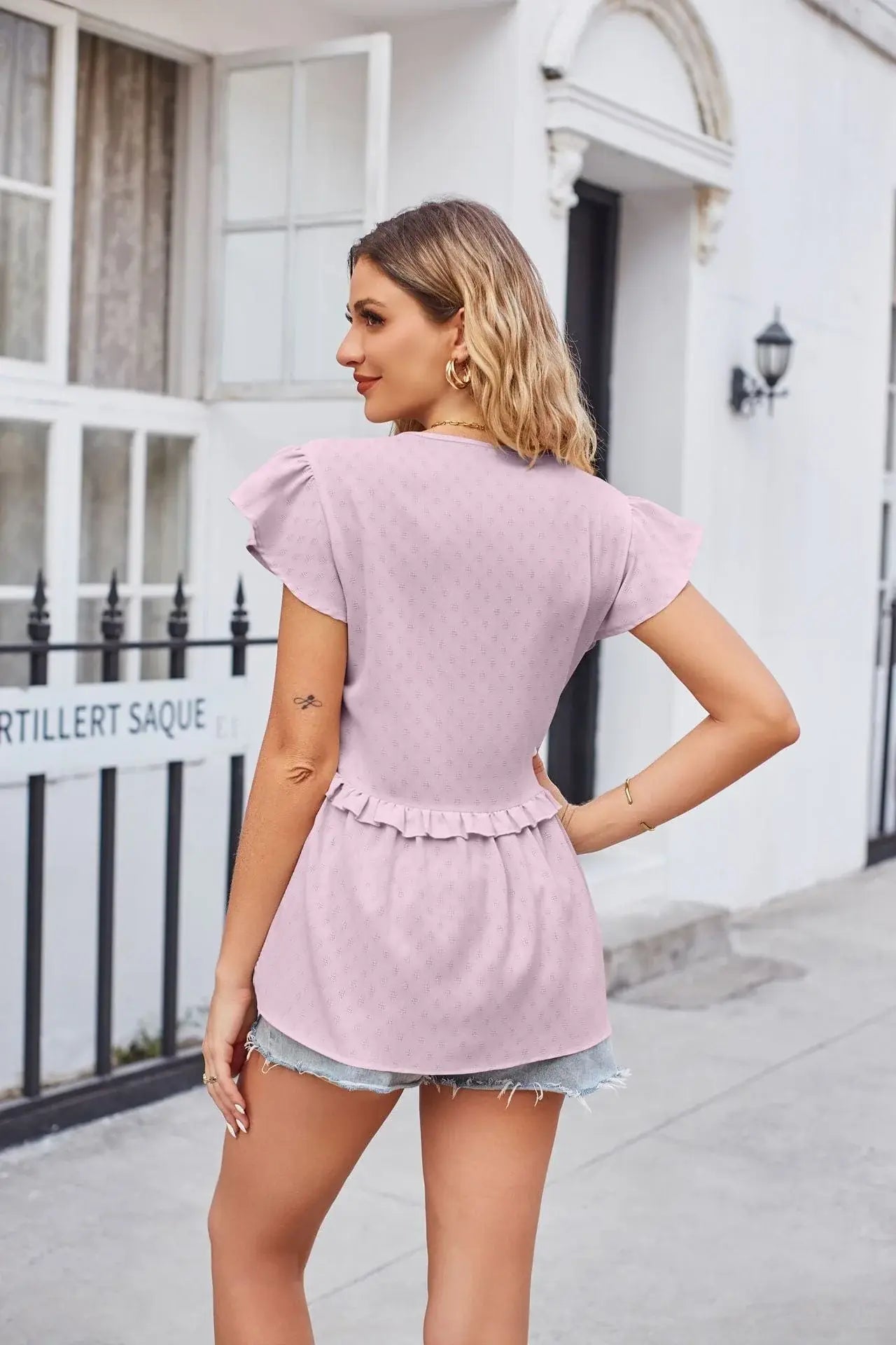 Buttoned V-Neck Ruffle Trim Top - Trendsi - Flyclothing LLC