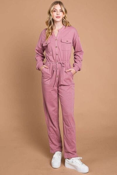 Culture Code Full Size Button Up Drawstring Waist Straight Jumpsuit - Trendsi