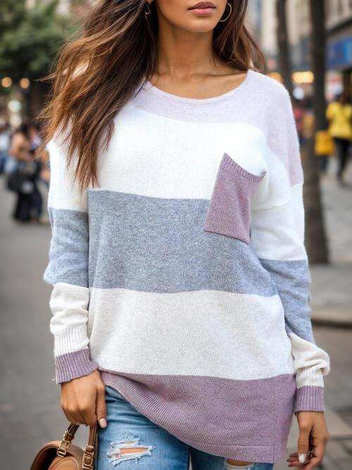 Striped Round Neck Sweater with Pocket - Trendsi - Flyclothing LLC