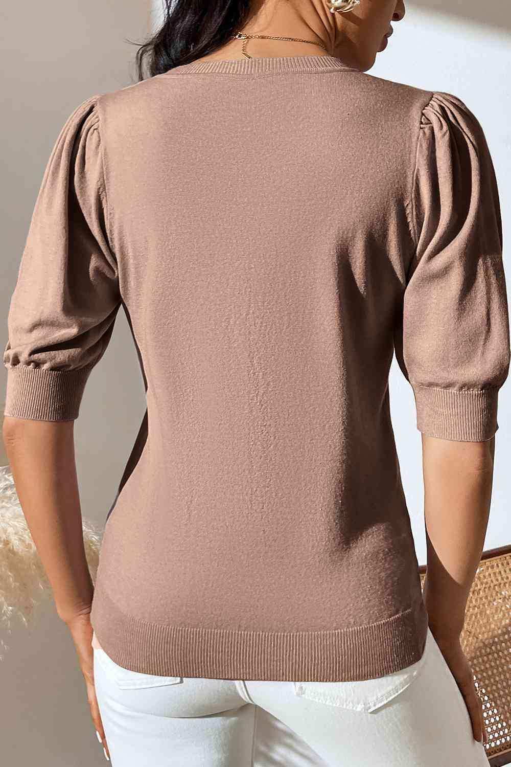 Round Neck Puff Sleeve Knit Top - Trendsi - Flyclothing LLC