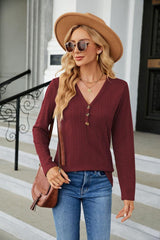 Cable-Knit Long Sleeve V-Neck T-Shirt - Trendsi