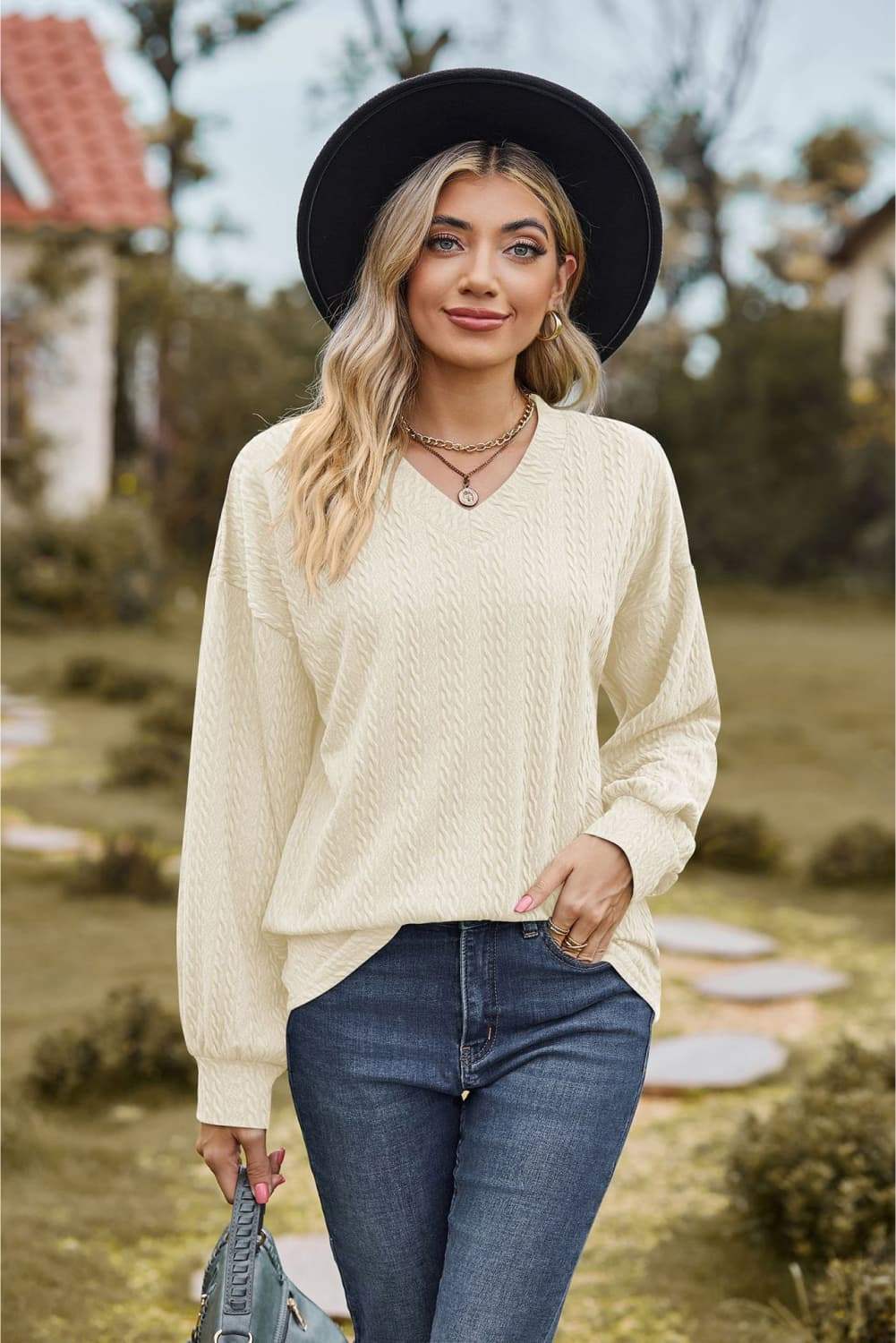 V-Neck Dropped Shoulder Blouse - Trendsi - Flyclothing LLC