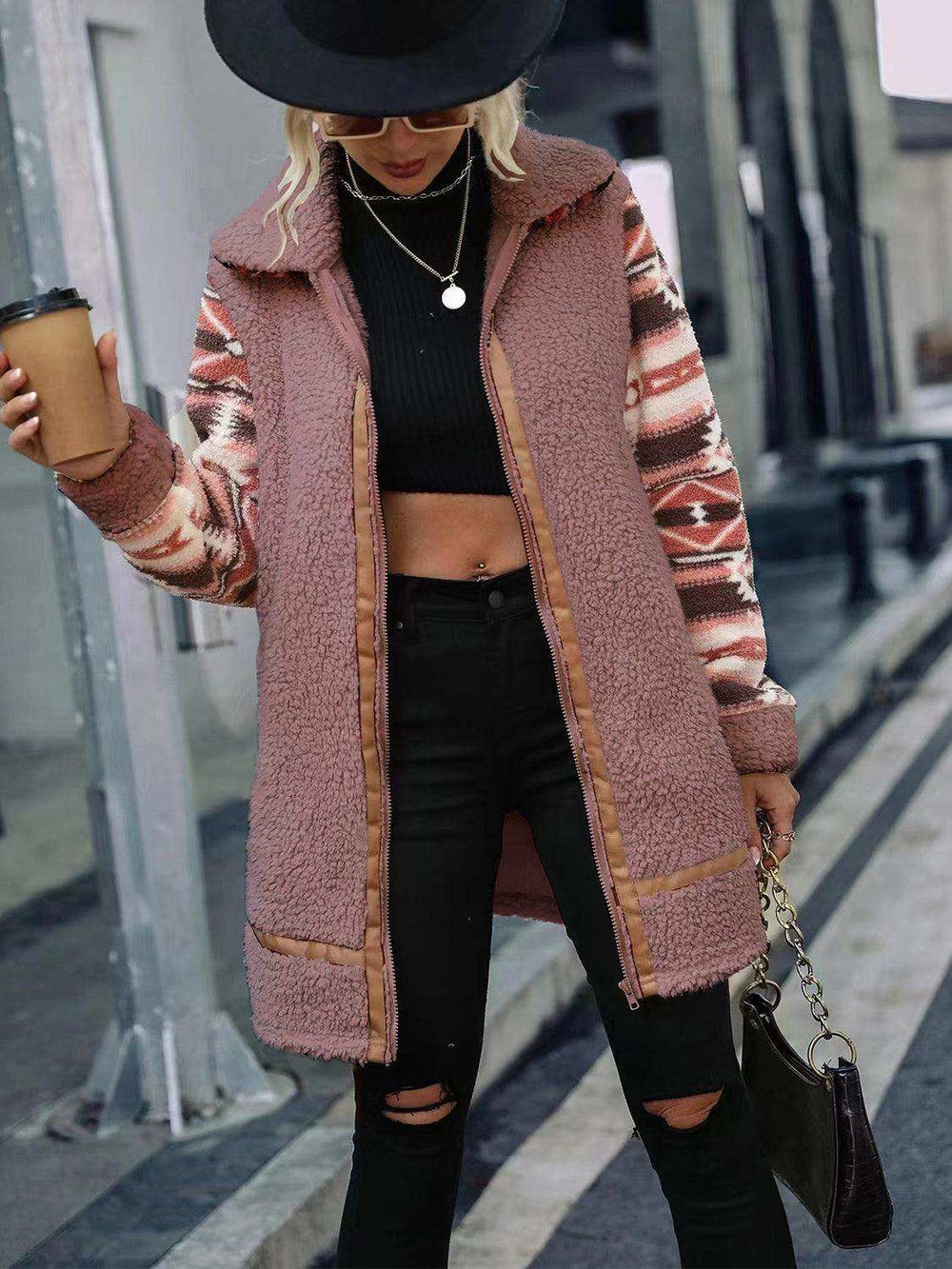 Geometric Zip-Up Collared Sherpa Jacket - Trendsi - Flyclothing LLC