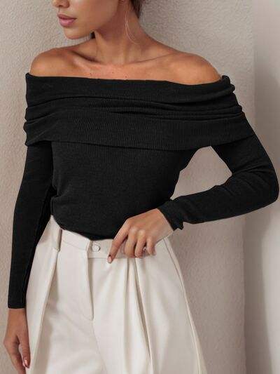 Off-Shoulder Long Sleeve Sweater - Trendsi - Flyclothing LLC