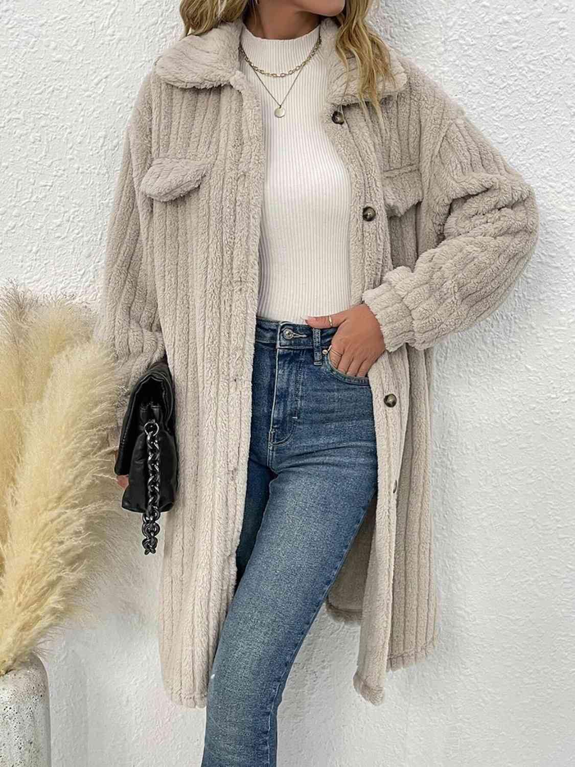 Collared Neck Drop Shoulder Coat - Trendsi