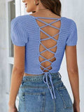 Lace-Up Openwork Square Neck Sweater - Trendsi - Flyclothing LLC