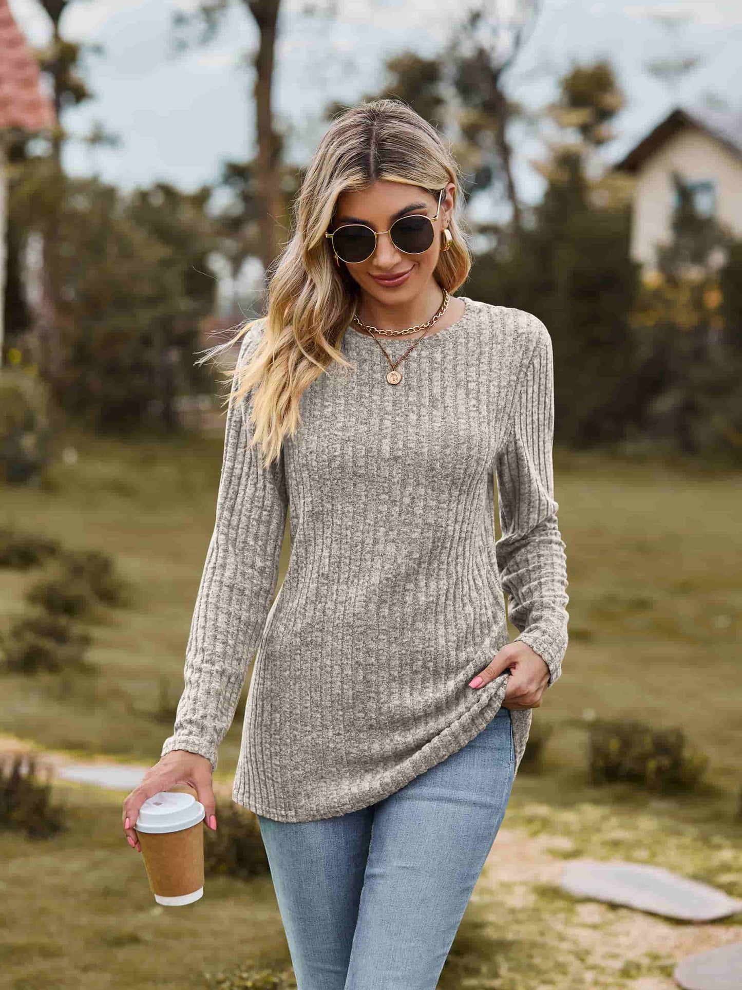 Ribbed Round Neck Long Sleeve Tee - Trendsi - Flyclothing LLC