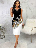 Printed Notched Sleeveless Wrap Dress - Trendsi - Flyclothing LLC