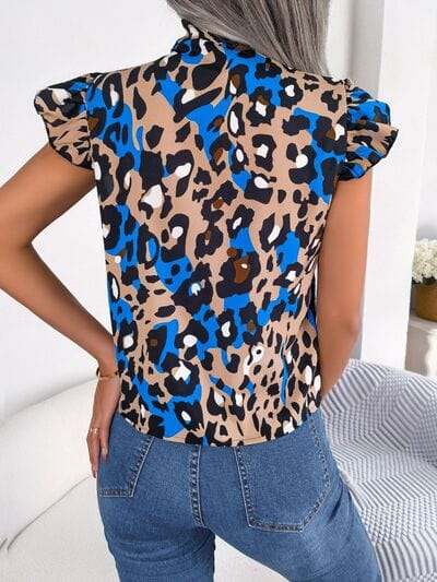 Leopard Tie Neck Cap Sleeve Blouse - Trendsi