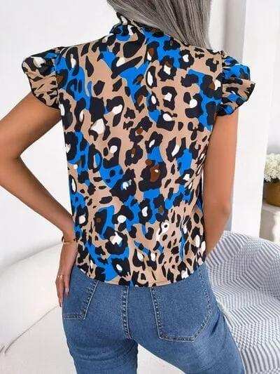 Leopard Tie Neck Cap Sleeve Blouse - Trendsi - Flyclothing LLC