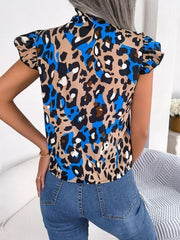Leopard Tie Neck Cap Sleeve Blouse - Trendsi