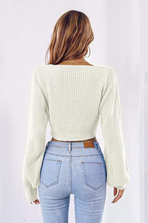 Bow V-Neck Long Sleeve Cropped Sweater - Trendsi - Flyclothing LLC