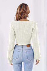 Bow V-Neck Long Sleeve Cropped Sweater - Trendsi - Flyclothing LLC
