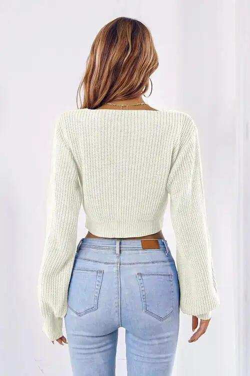 Bow V-Neck Long Sleeve Cropped Sweater - Trendsi - Flyclothing LLC