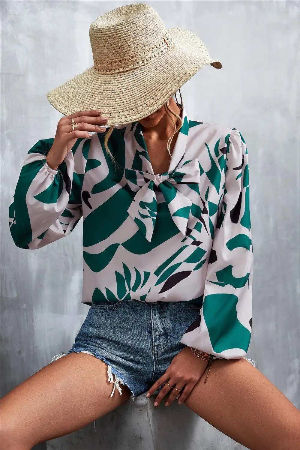 Printed Tie Neck Puff Sleeve Blouse - Trendsi - Flyclothing LLC