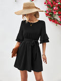 Round Neck Tie Belt Flounce Sleeve Dress - Trendsi