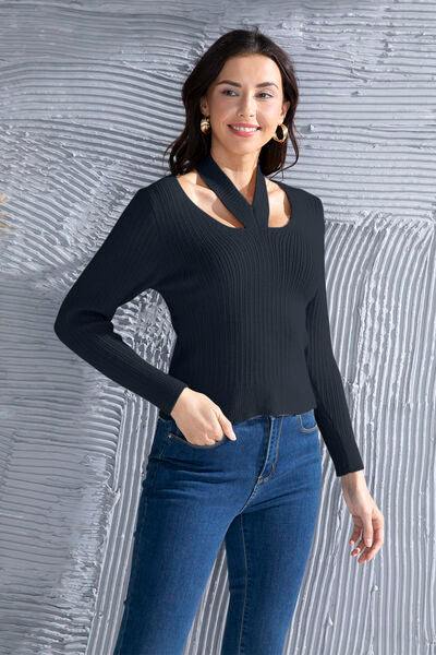 Halter Neck Long Sleeve Sweater - Trendsi