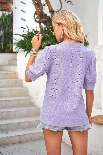 Openwork Round Neck Short Sleeve Blouse - Trendsi - Flyclothing LLC