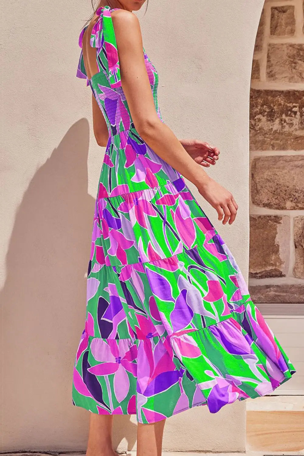 Floral Tie-Shoulder Smocked Midi Dress - Trendsi - Flyclothing LLC