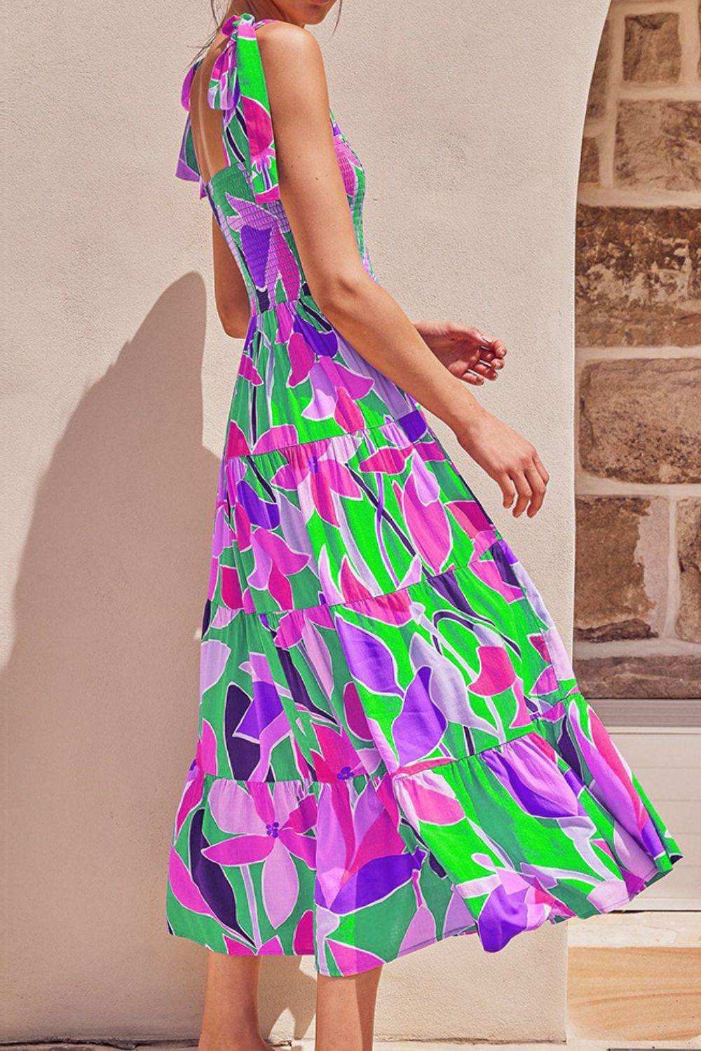 Floral Tie-Shoulder Smocked Midi Dress - Trendsi - Flyclothing LLC