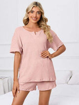 Notched Short Sleeve and Shorts Lounge Set - Trendsi - Flyclothing LLC