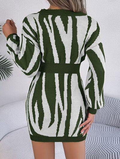 Animal Print V-Neck Long Sleeve Sweater Dress - Trendsi