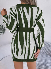 Animal Print V-Neck Long Sleeve Sweater Dress - Trendsi