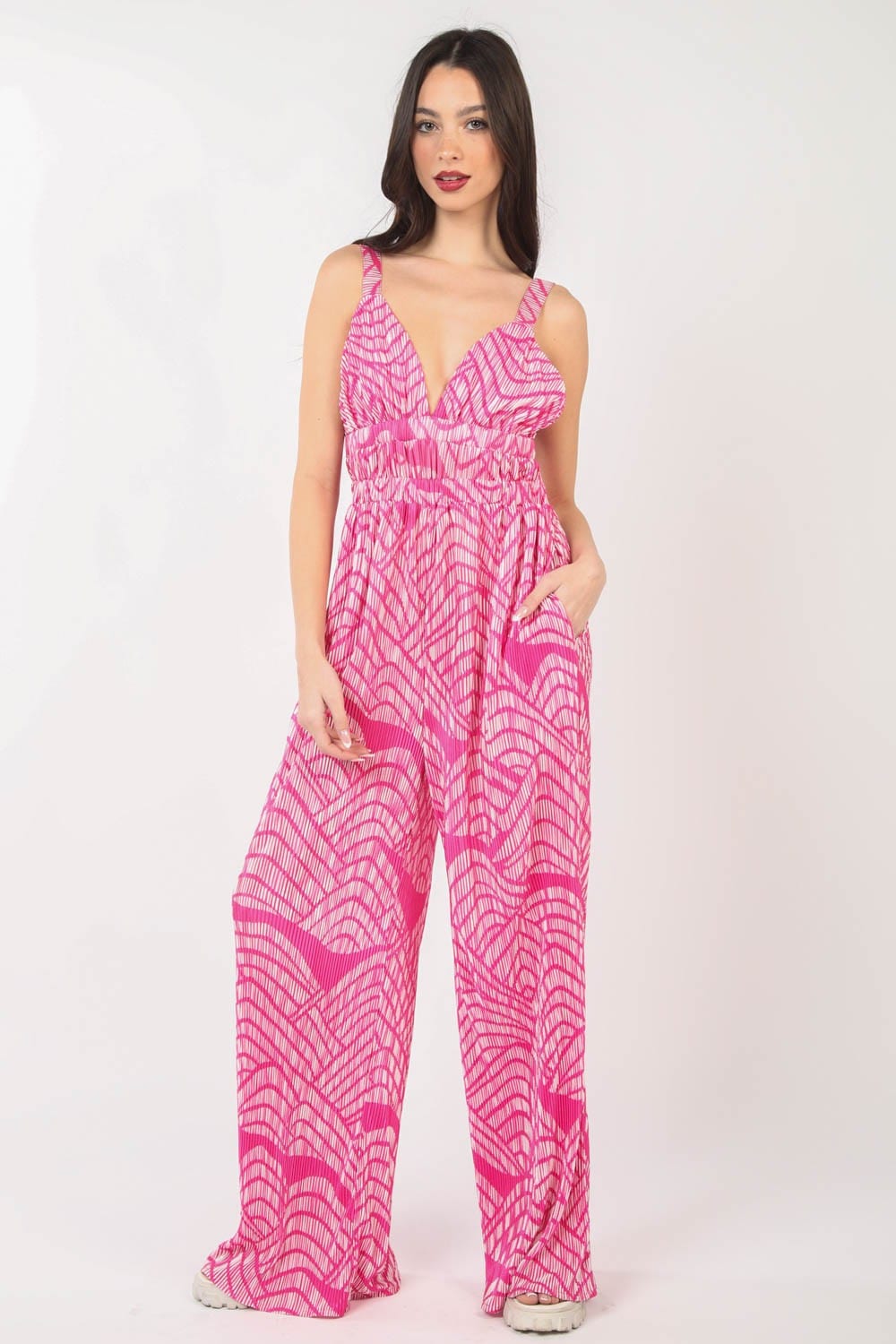 VERY J Printed Pleated Sleeveless Wide Leg Jumpsuit - Flyclothing LLC