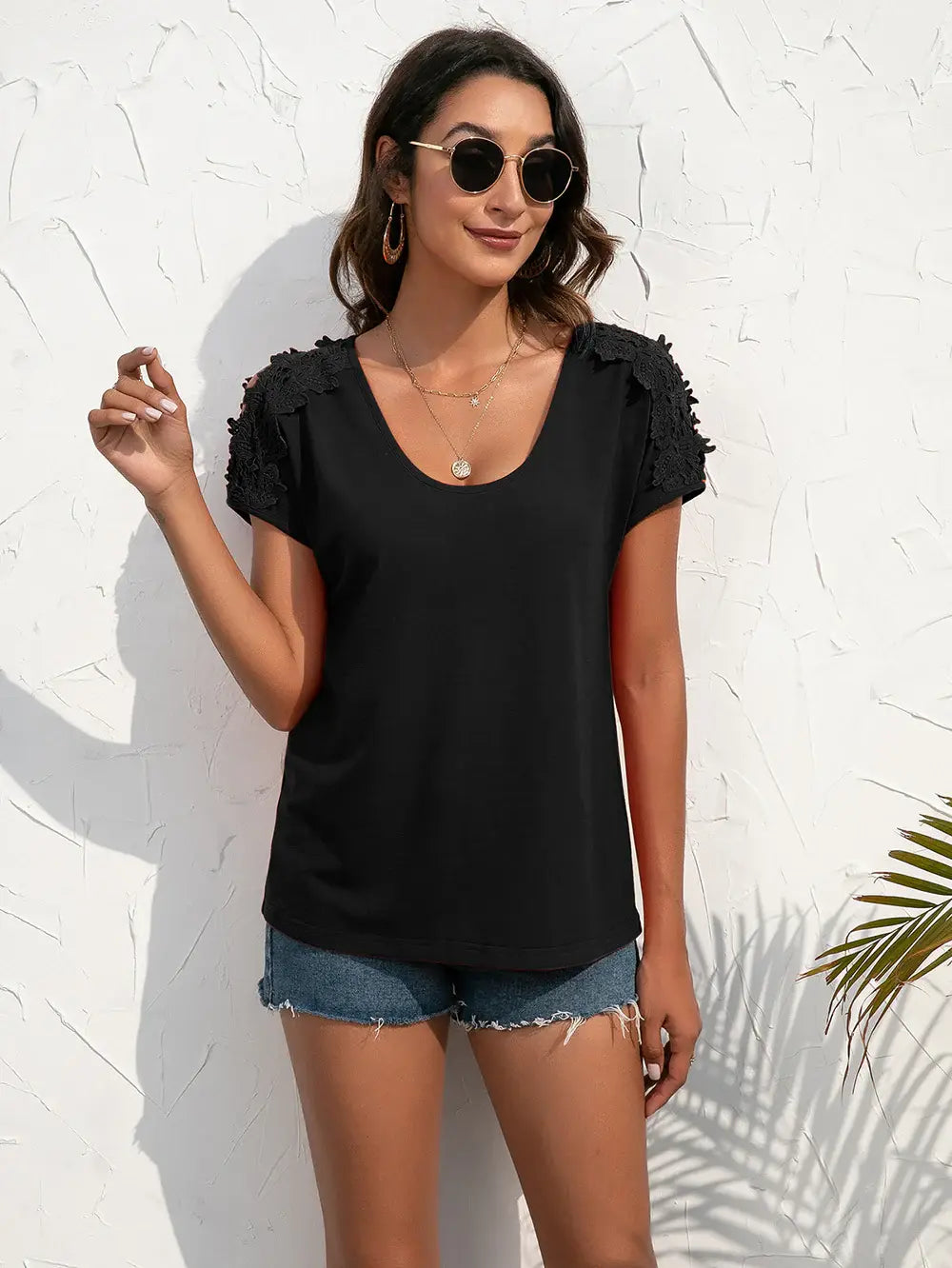 Spliced Lace Cold-Shoulder Blouse - Trendsi - Flyclothing LLC