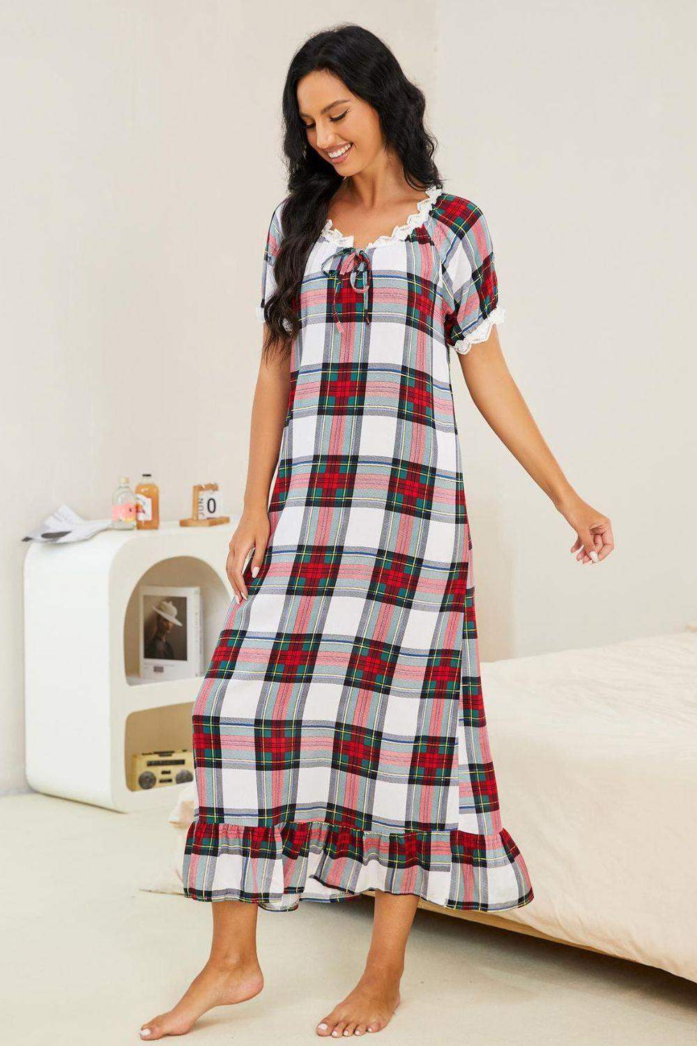 Plaid Lace Trim Ruffle Hem Night Dress - Trendsi - Flyclothing LLC