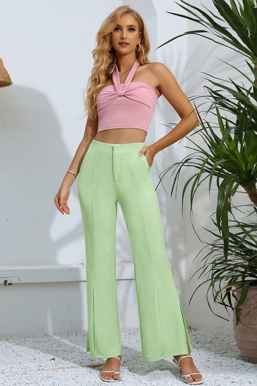 Slit High-Rise Flare Pants - Trendsi - Flyclothing LLC