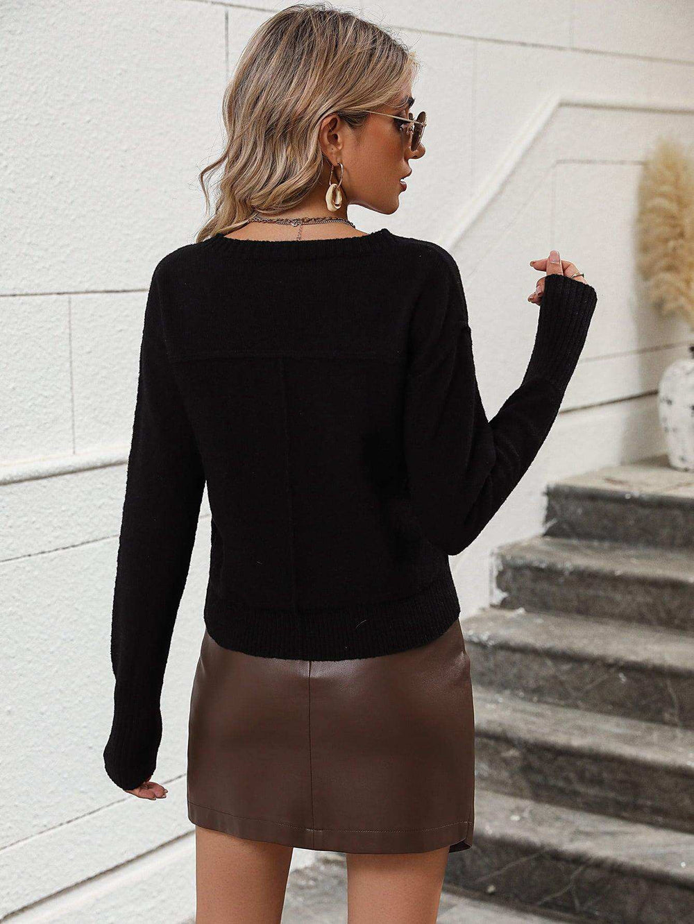 V-Neck Dropped Shoulder Long Sleeve Knit Top - Trendsi - Flyclothing LLC
