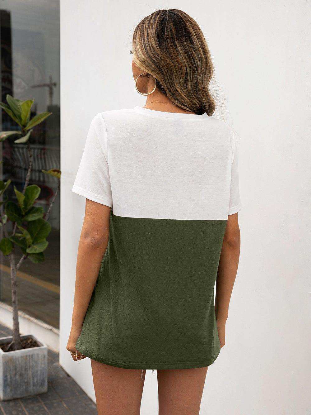 Color Block V-Neck Short Sleeve Tee - Trendsi - Flyclothing LLC