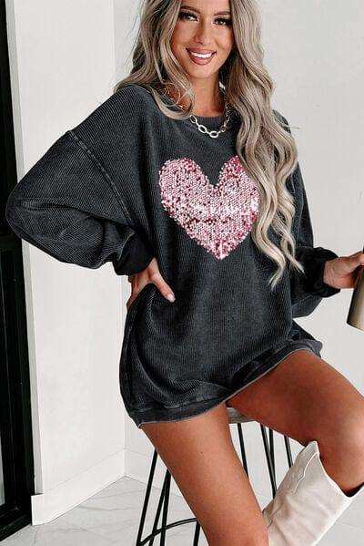 Heart Sequin Round Neck Sweatshirt - Trendsi - Flyclothing LLC