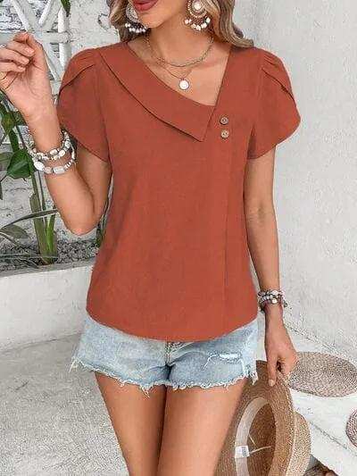 Decorative Button Asymmetrical Neck Blouse - Trendsi - Flyclothing LLC