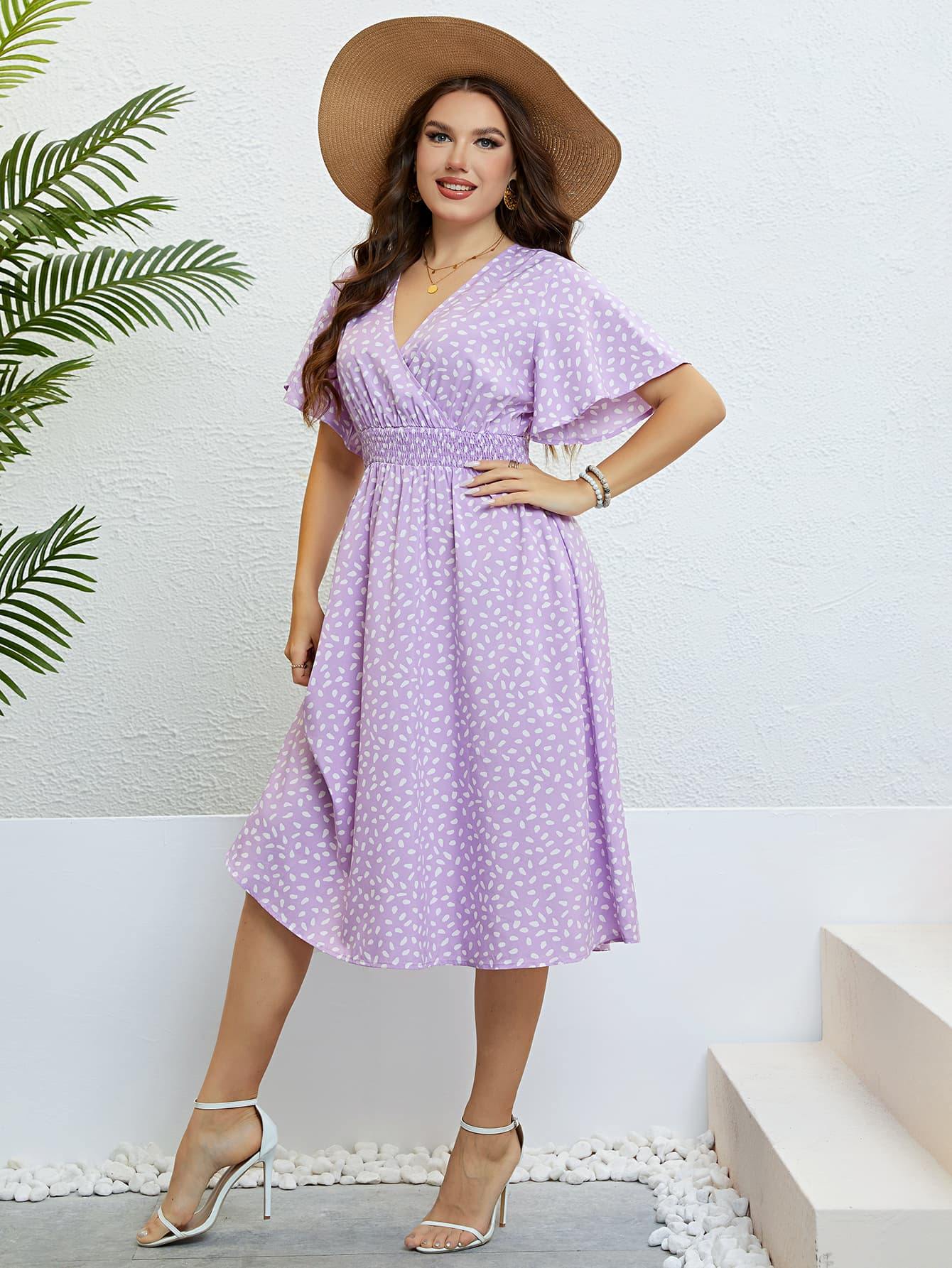 Plus Size Printed Smocked Waist Surplice Dress - Trendsi