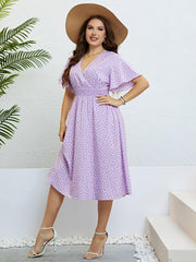 Plus Size Printed Smocked Waist Surplice Dress - Trendsi