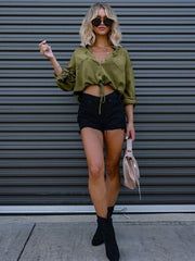 Drawstring Pocketed Button Up Denim Top - Trendsi